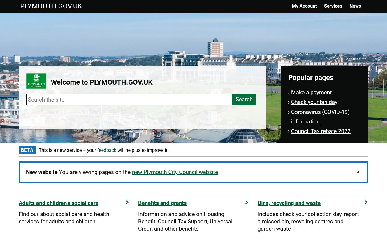A cropped screenshot of Plymouth City Council's website home page.