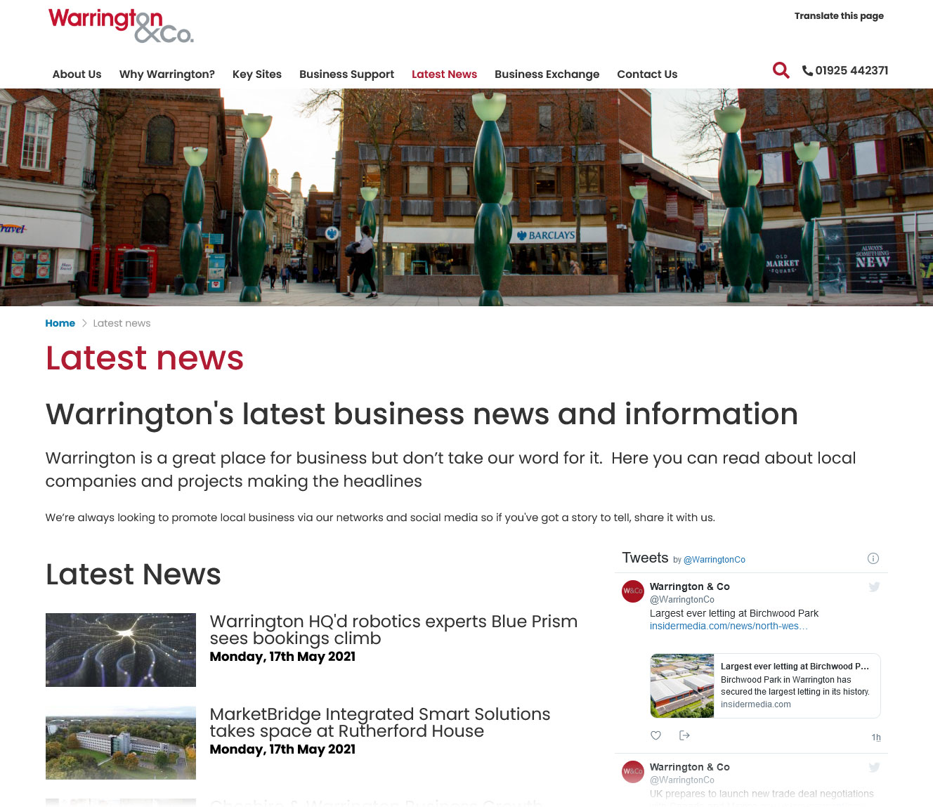 A screenshot of the Warrington & Co News page.