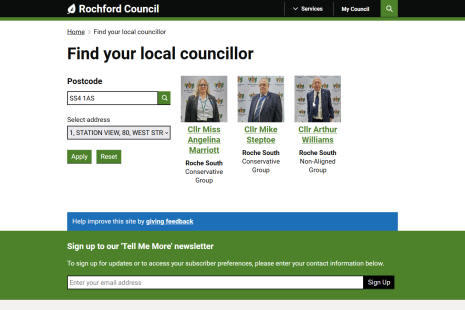 Screenshot of "Find your local councillor" functionality on Rochford.gov.uk.