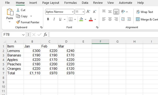 Screenshot of an Excel spreadsheet.