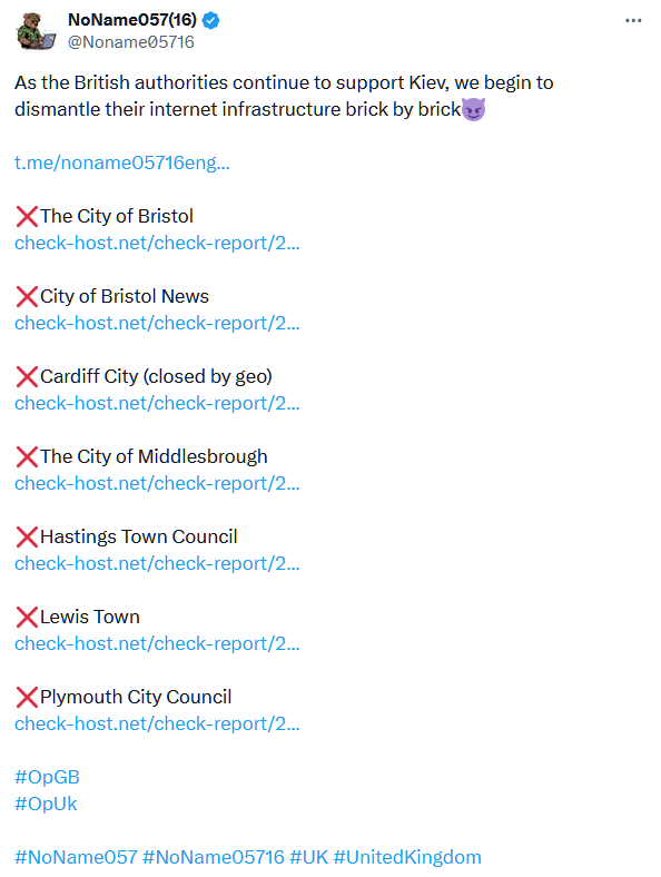 NoName057 Tweet regarding DDoS attacks on UK councils.