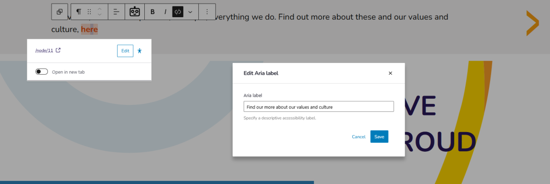 Setting the aria-label attribute for a Link.